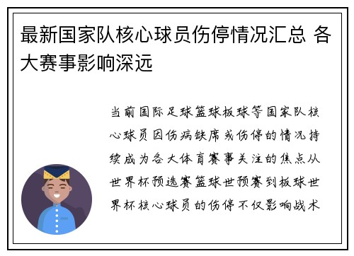 最新国家队核心球员伤停情况汇总 各大赛事影响深远
